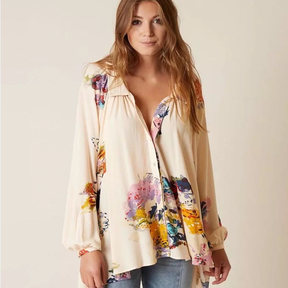 Free People Cream Floral Button-Front Blouse